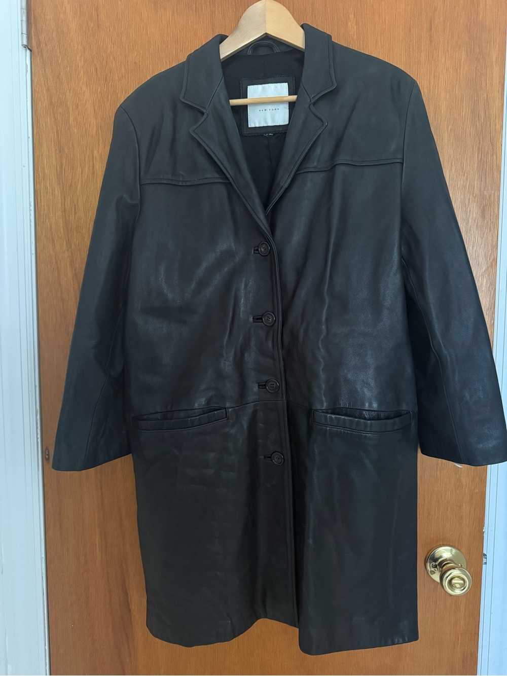 Andrew Marc Black Leather Button-Front Long Coat